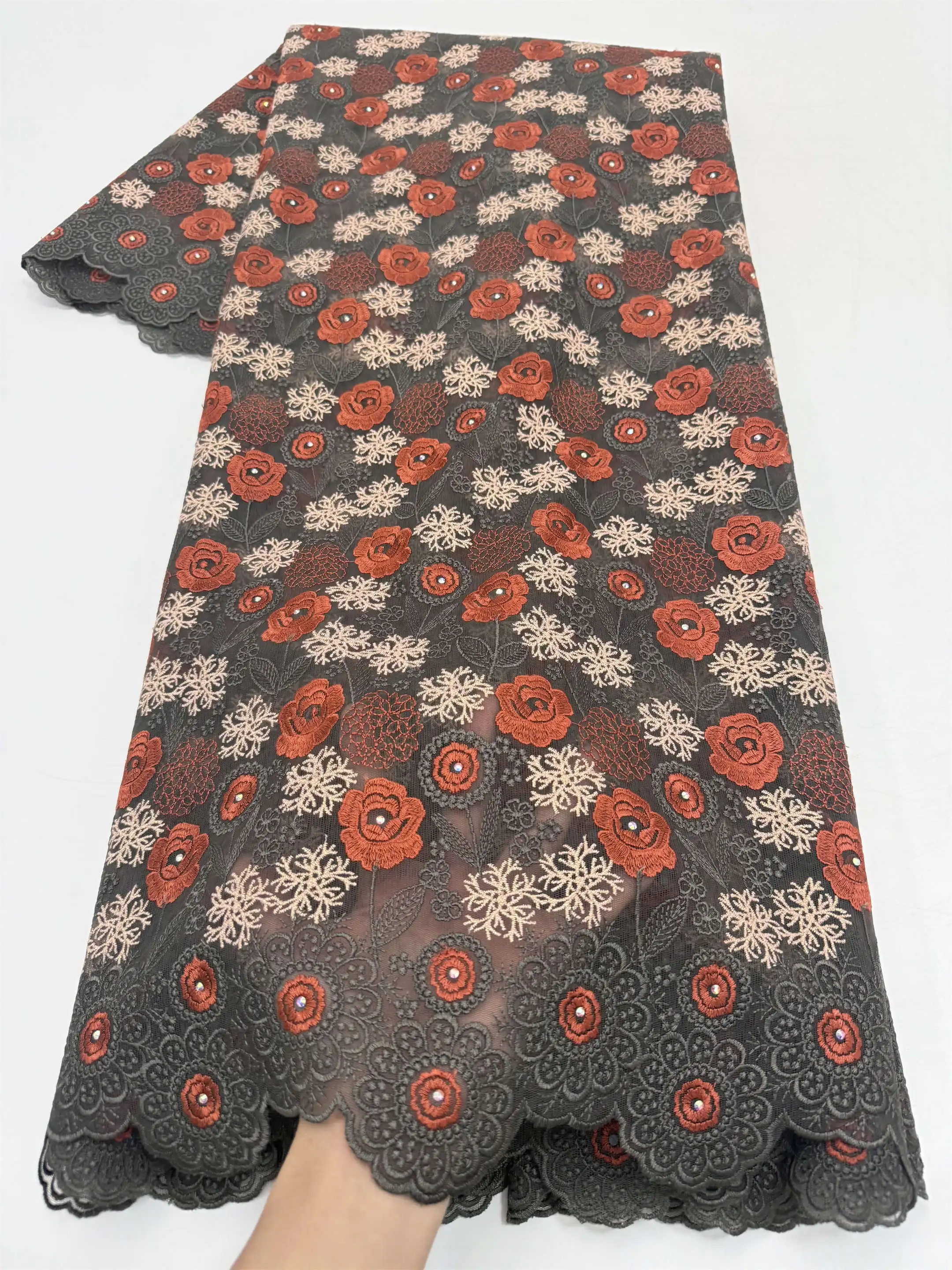 Hot Model King's Wear Hand Hole Cutting Double African Gem Embroidery Lace 100% Original Fabric For Men & Women Celebrants Sew