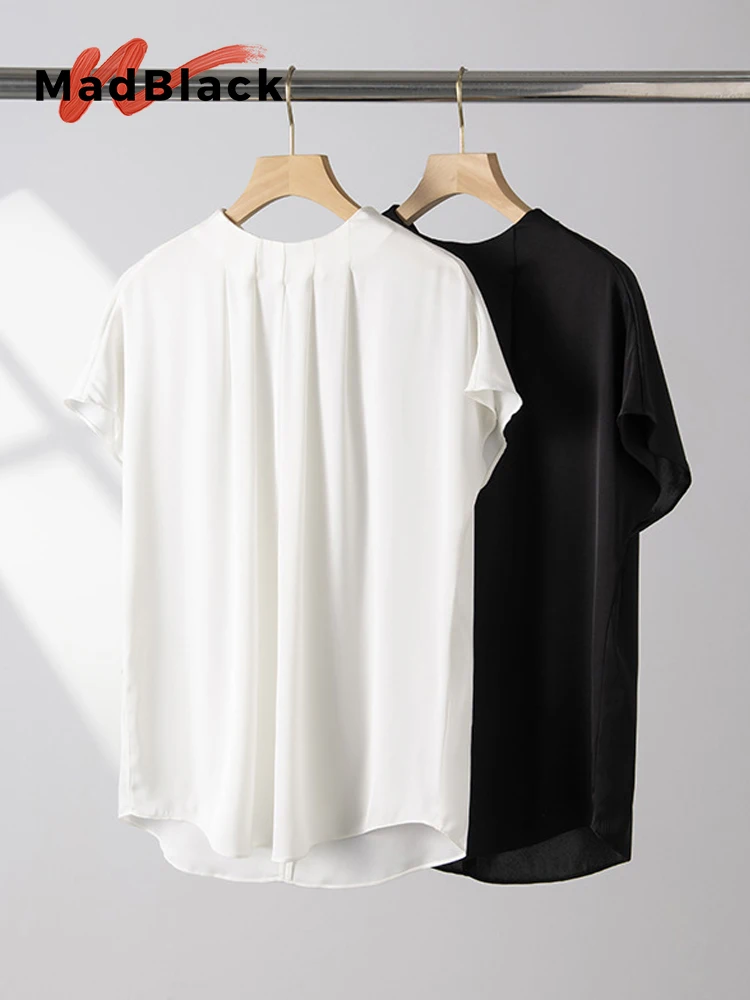MadBlack-93%Silk 7%Spandex Qiao Qi Elegant T-Shirt, Short Sleeve Solid, Women Basic Casual Loose Tops, 2026 Summer New T64376CC