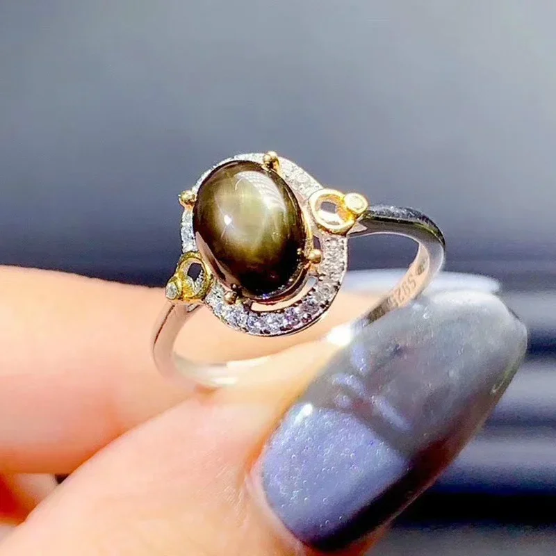 

Natural Star Sapphire Rings S925 Sterling Silver Simple Fine Jewelry for Women Party Natural Black Gemstone 6*8mm