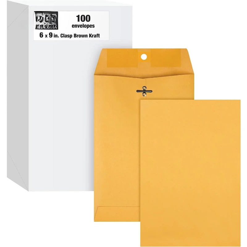 6 x 9 Clasp Envelopes, Clasp and Gummed Closures for Storing or Mailing, 28 lb Kraft Paper, 100 per Box (QUA37855)