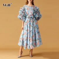 VGH-vestidos largos por debajo de la rodilla con estampado de rosas para mujer, cuello redondo, manga con volantes, cintura alta, encaje empalmado, ropa femenina de verano
