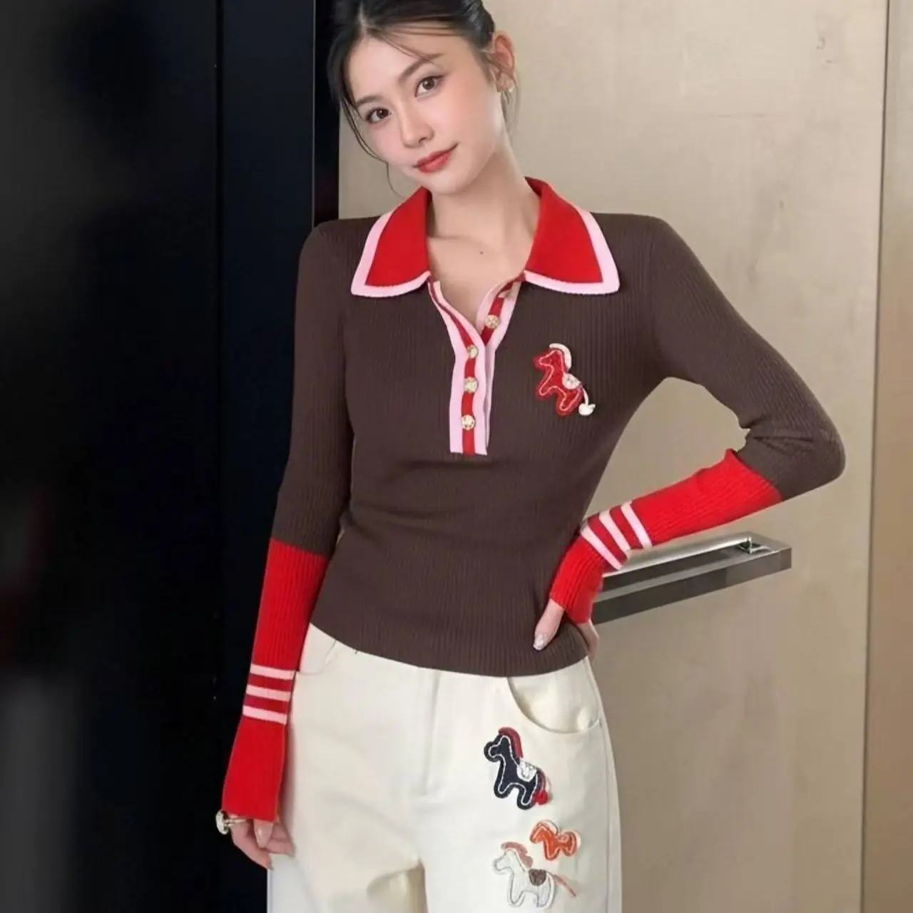 Winter Pony Embellished Women's Knitted Polo Collar Sweater Brown Fitted Long Sleeve Top Red Pink Trim Sweet Elegant Lady Blouse