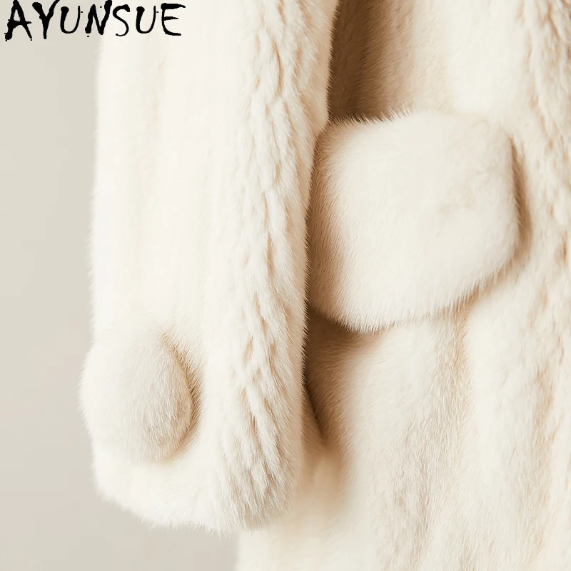 AYUNSUE manteau de fourrure de vison naturel femme 2025 nouveauté manteaux d'hiver pour femme mi-longue vêtements de mode décontractés pour femme