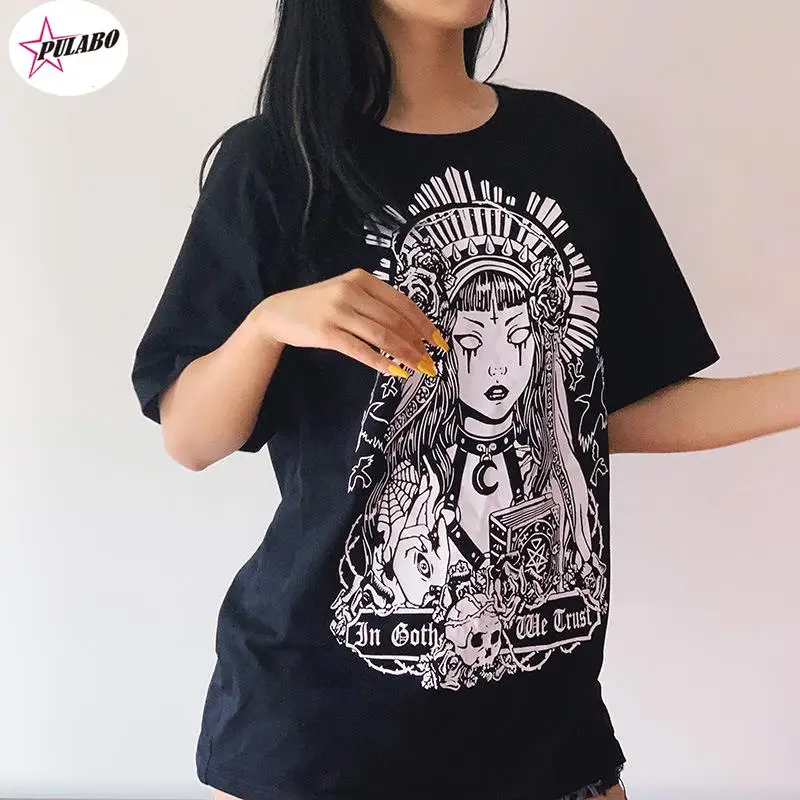 PULABO Grunge Black Print T-shirts Gothic Loose Punk Harajuku Streetwear Summer T-shirt Female Fashion Aesthetic y2k