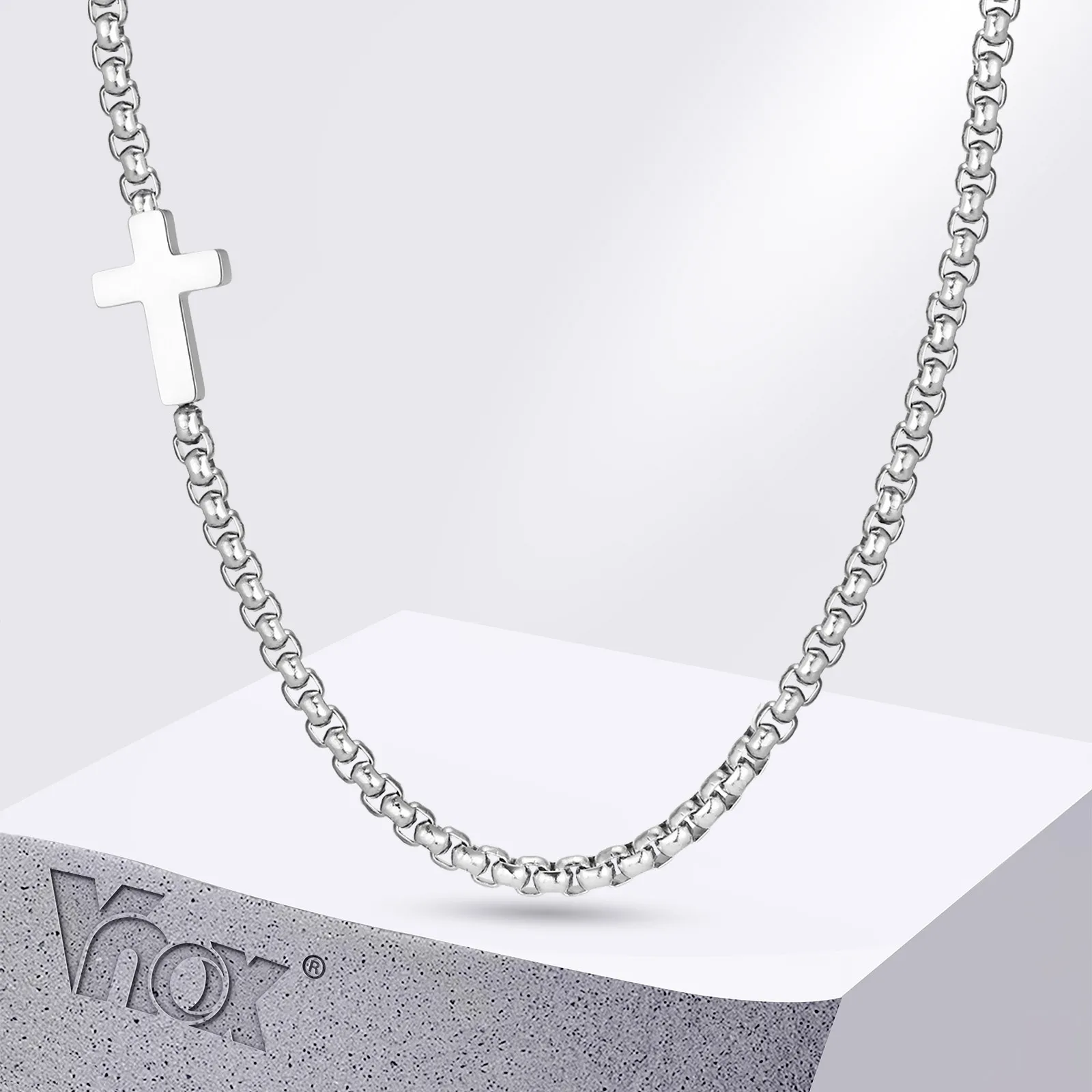 Vnox Stylish Sideway Cross Necklaces for Men Women, Waterproof Box Chain Chokers, Religious Stainless Steel Faith Collar Jewelry