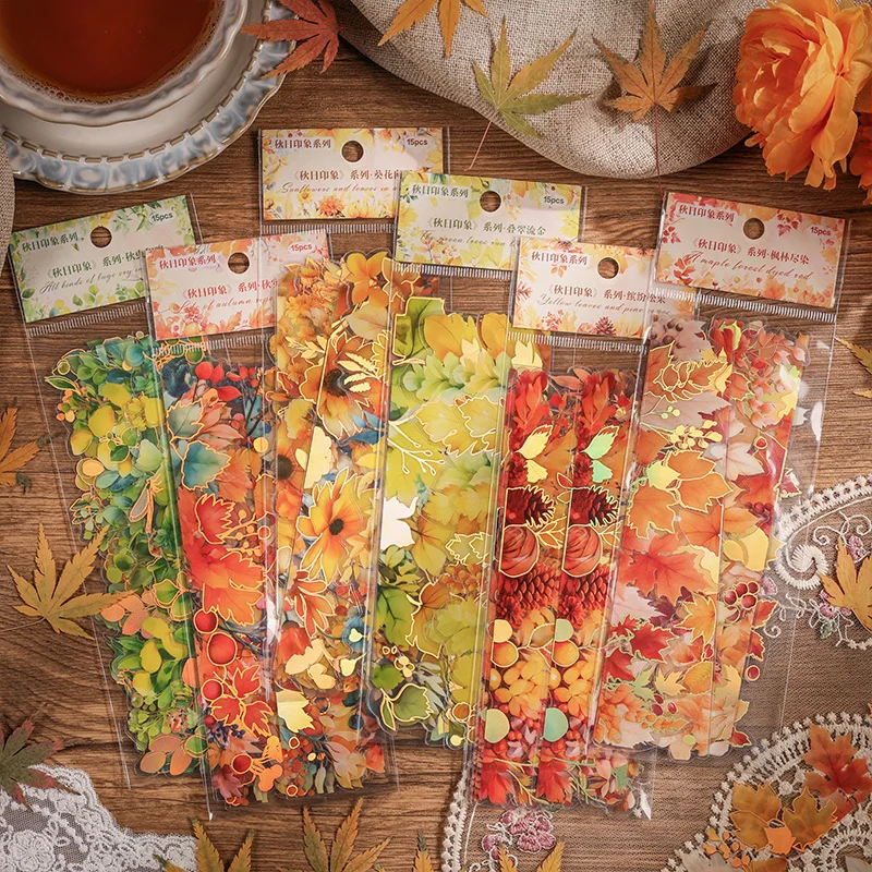 15pcs/pack Autumn Leaf Stickers Vintage PET Materials DIY Scrapbooking Journal Planner Decor Labe Diary Stationery Aesthetics