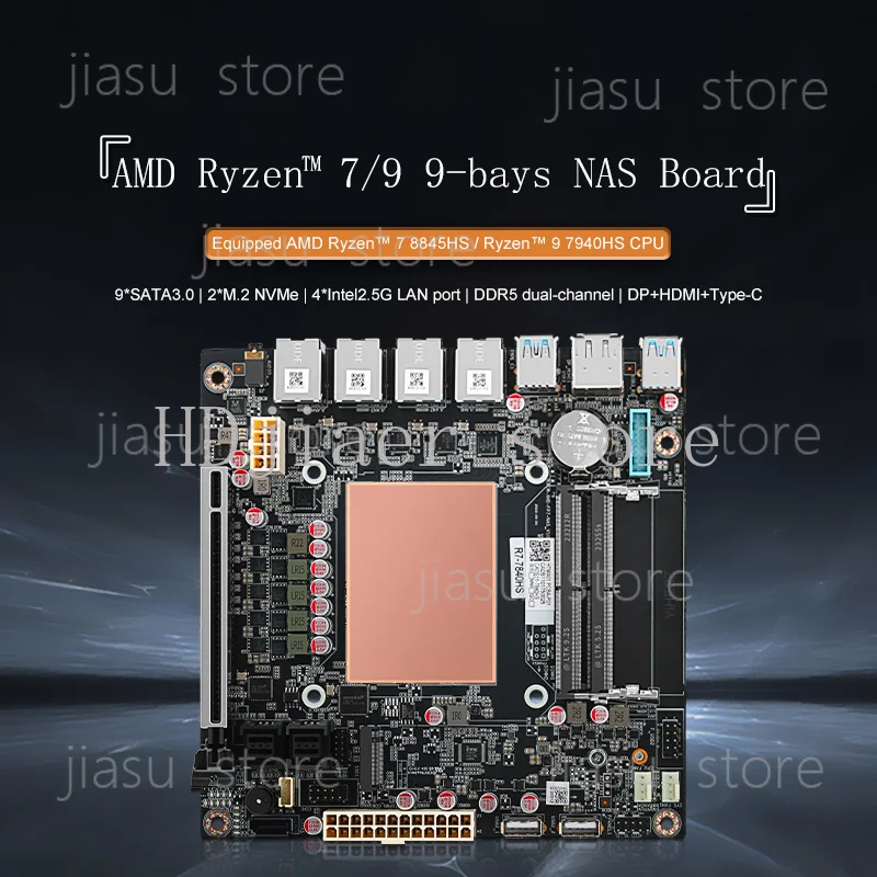 8845hs 9 Bay Nas Board 4*i226 2.5g 2*m.2nvme Pcie 16x Dual Ddr5 Channel Tpye-c Dp 4k@60hz 17x17 Mini Itx Board