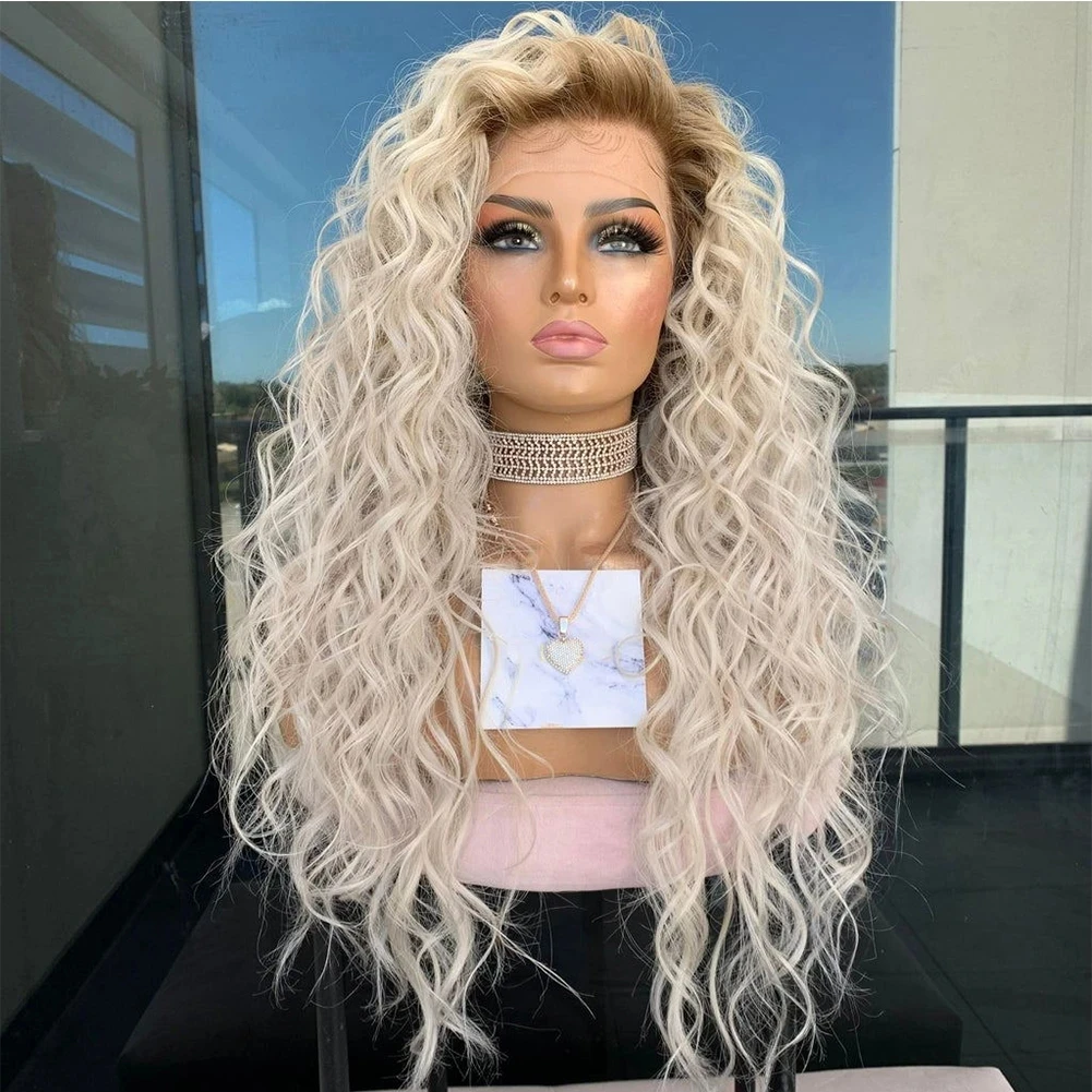 Loose Curly Synthetic Hair Ombre Ash Blonde Lace Front Wigs Glueless Lace Wigs with Baby Hair Pre Plucked Fiber Cosplay Daily