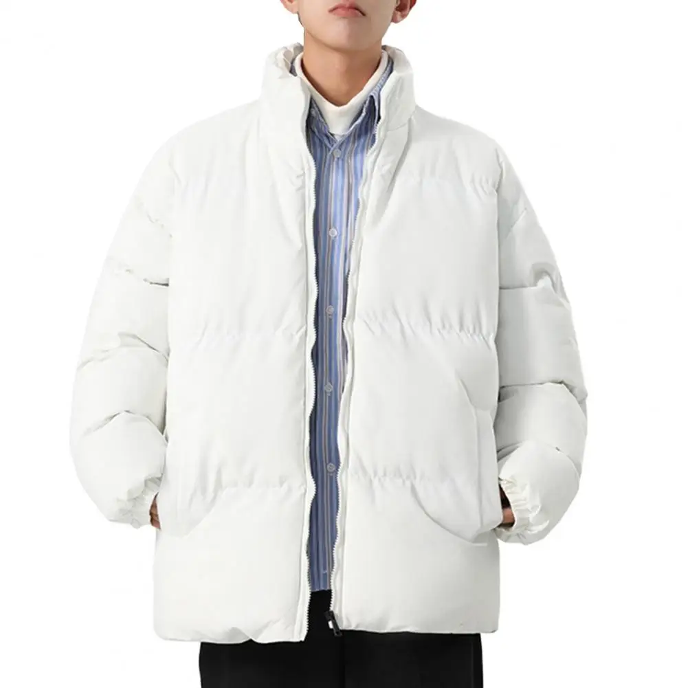 Men Cotton Jacket Stand Collar Long Sleeve Zipper Placket Thickened Down Coat With Pockets Solid Color Quilted Outwear