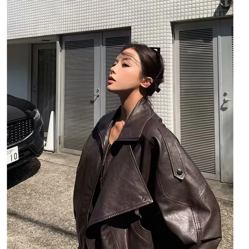 

Outerwearnew Style American Retro Aged Brown PU Leather Jacket Spring Autumn Featuring Street Style High-end Feel Women Outcoat