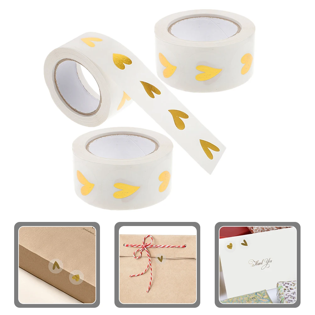 

3 Rolls Heart Shaped Self-Adhesive Sealing Stickers Envelope Packaging Gift Wedding Household Multi-Function Roll Stickers For