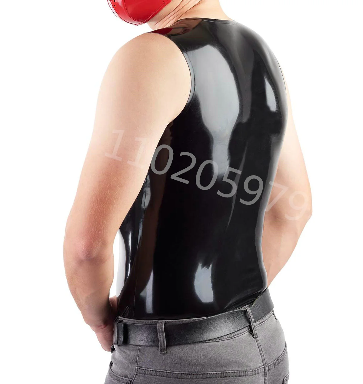 Black Latex Men Vest Top Classic Shirt Crew Neck Sleeveless Costume Male Tops Rubber O-neck Vest 100% Handmade Man's Polo Shirt