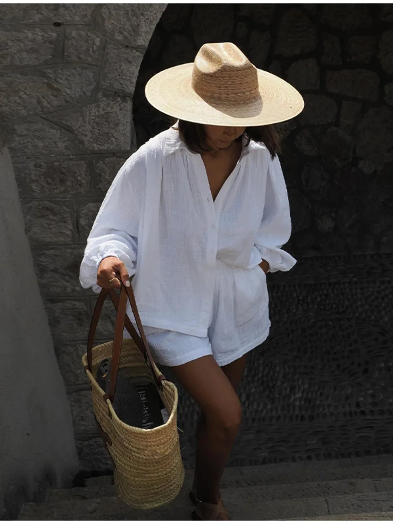 

Casual Shorts 2 Pieces Sets Women Loose Solid Lapel Button Top Short Pant Pleat Suit Summer Vacation Beach 2 Pieces Outfits VX8Q