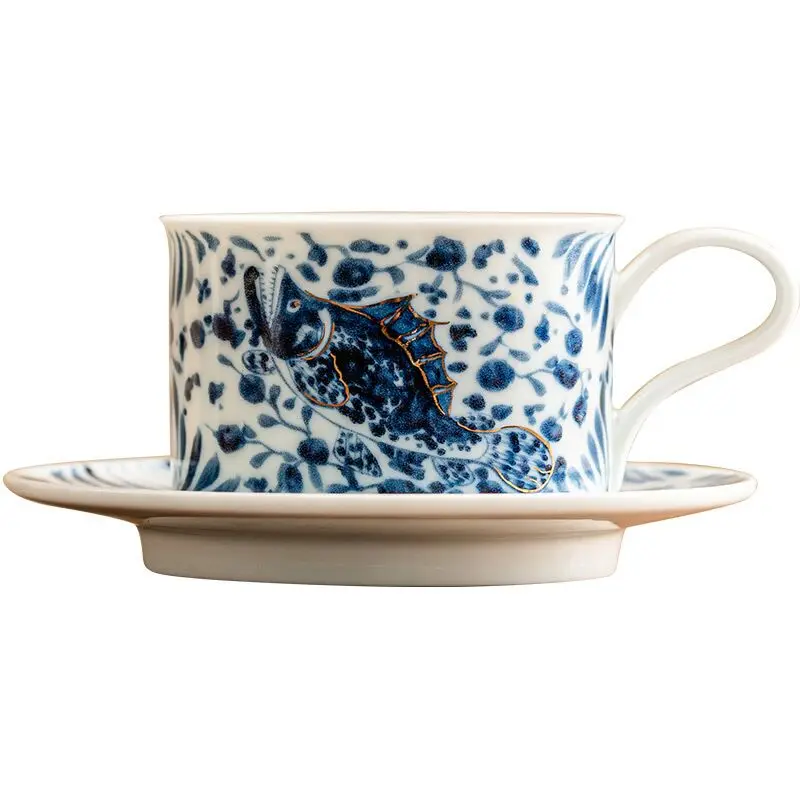 

High-end and exquisite ceramic coffee cup with fish and algae pattern, suitable for drinking tea, comes with latte art, cup and