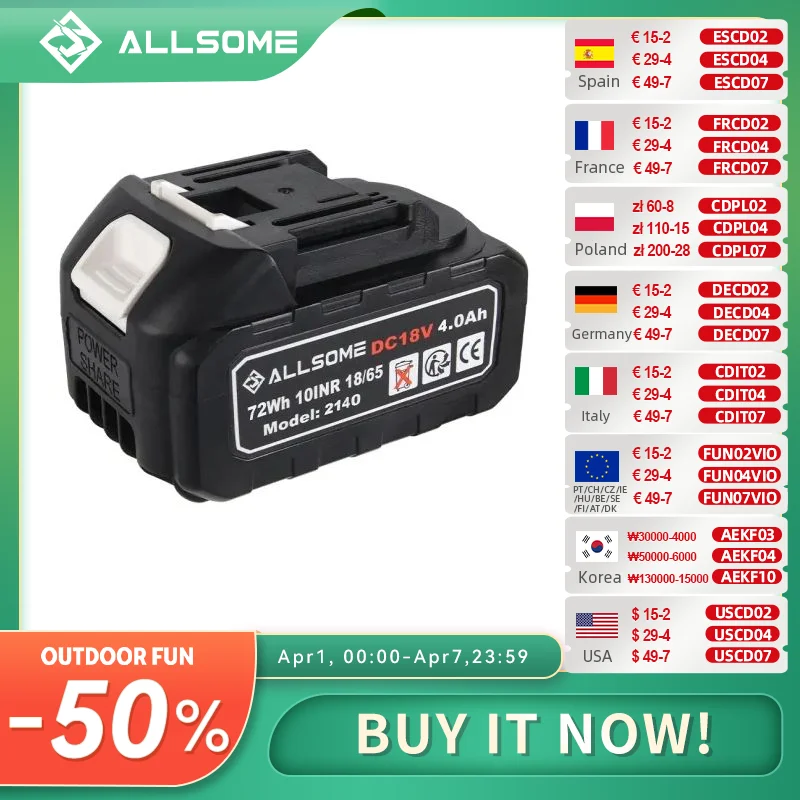 

Аккумуляторная батарея Allsome 18 в для аккумуляторной дрели, пилы, шуруповерта, гаечного ключа, угловой шлифовальный станок, бесщеточные электроинструменты