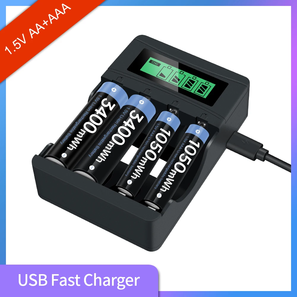 1.5v AA Battery Charger with LCD Display Smart Charger for 1.5v Lithium Li-ion Rechargeable Battery AAA