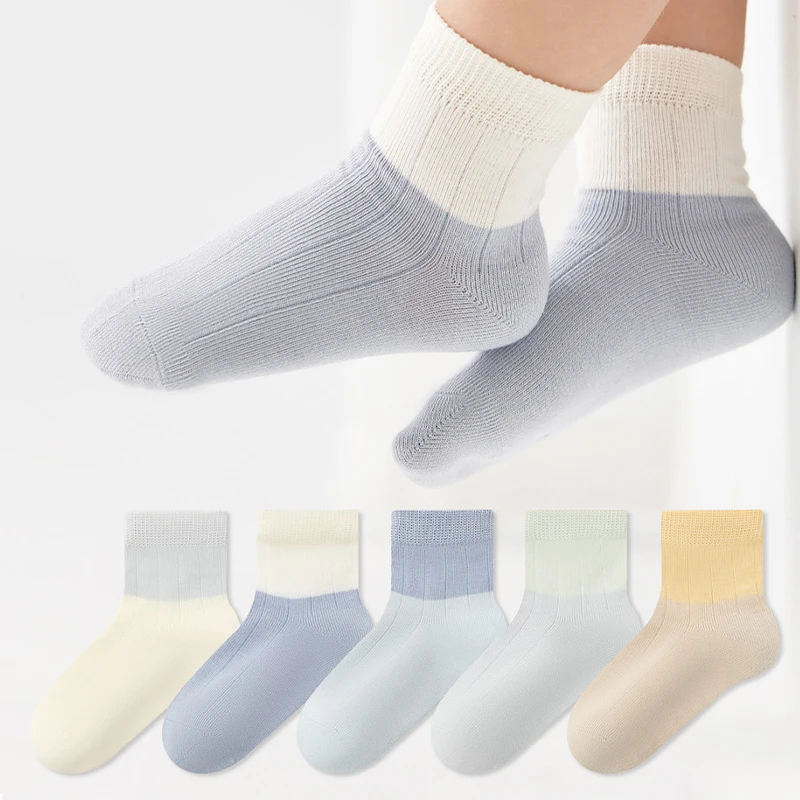 5 Pairs Baby Socks Breathable Cotton Children Socks Solid Color Block Newborn Socks For Boys Girls