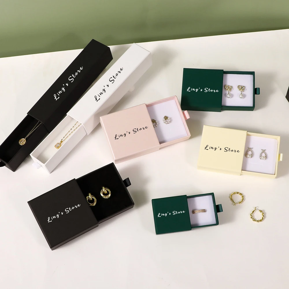 

10Pcs Custom Logo Jewelry Drawer Paper Box Beige Pink Green Black White Bag Organizer For Ring Earring Necklace Pendant Bracelet