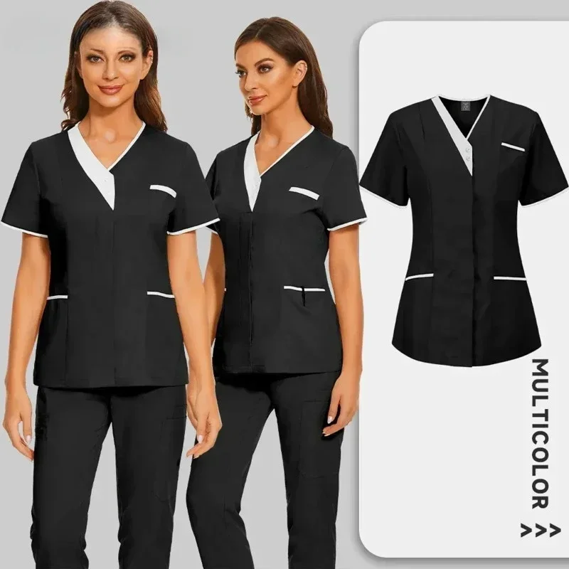 Klinik iş giysisi tıbbi hemşire üniforması scclothes üst kısa kollu doktor giysileri düz renk tıbbi fırça bluz Vneck tulum