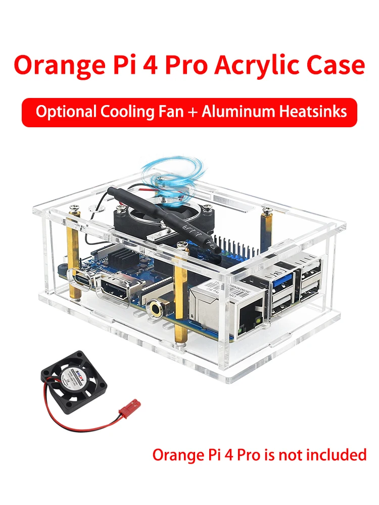 Akrylowa obudowa ochronna do Orange Pi 4 Pro, przezroczysta skrzynka, opcjonalne radiatory chłodzące z wentylatorem do Orange Pi 4 Pro. — zdjęcie produktu 7