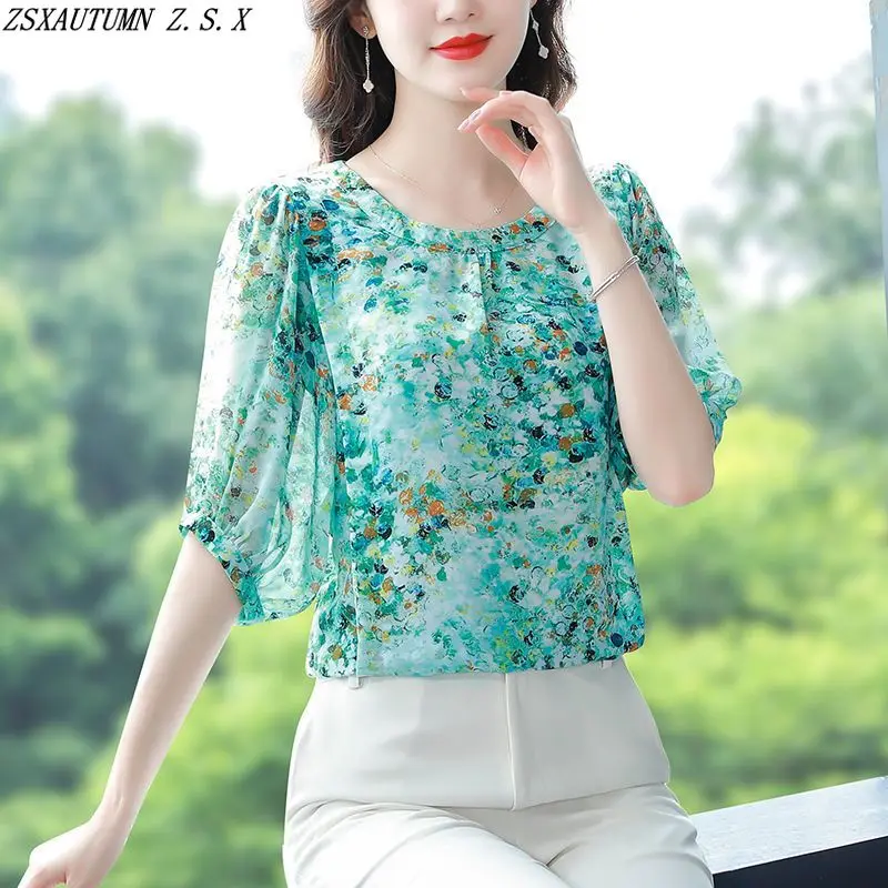 

New Summer Floral Chiffon Shirt Casual Fashion Vintage Women Top Baggy All Match High Quality Simple Printed Slim Female Blouse