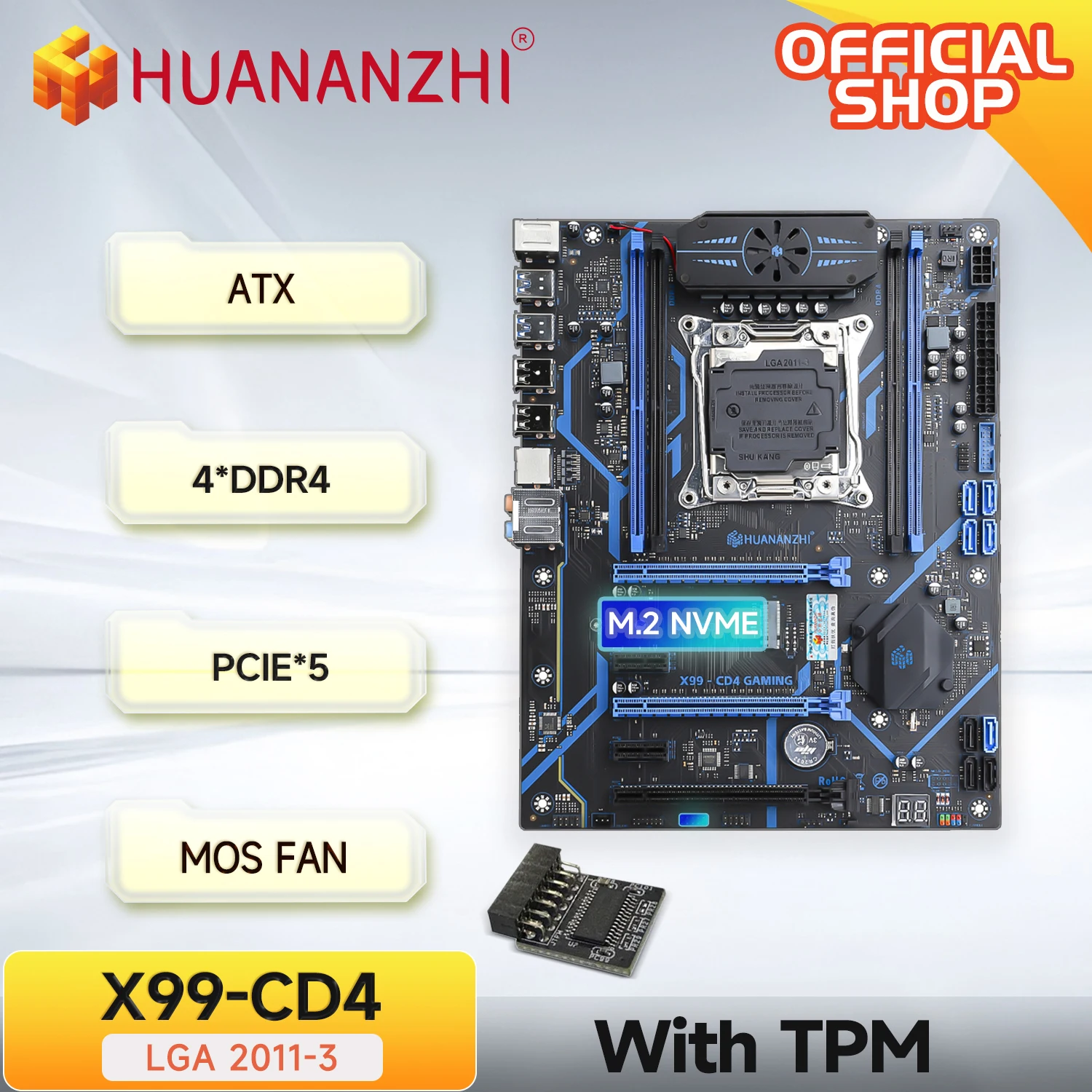 HUANANZHI X99 CD4 LGA 2011-3 XEON X99 Motherboard with TPM2.0 Support Intel E5 V3 V4 DDR4 RECC NON-ECC Memory NVME