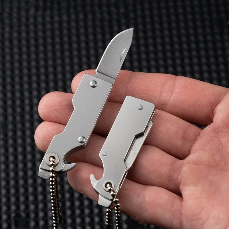 Stainless Steel Mini Folding Knife Keychain Bottle Opener Portable Utility Cutter for Express Package Opening Outdoor EDC Tool