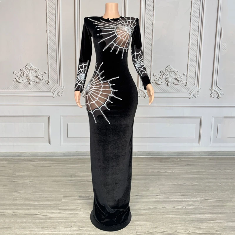 クモの巣ラインストーンイブニングドレス女性黒ベルベットフェスティバル衣装パーティードレスジャズダンス衣装ステージドレス XS10094