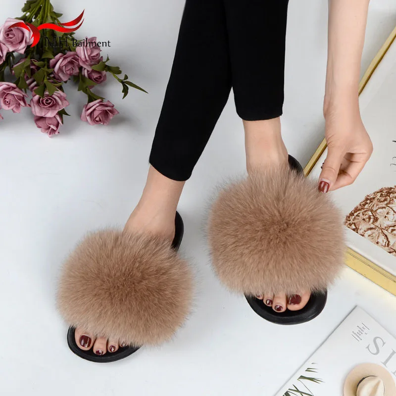 Women Summer New Real Fox Fur Slippers Indoor And Outdoor Fashion Furry Flat  Slides Raccoon Fur Beach Fashion Furry  Shoes