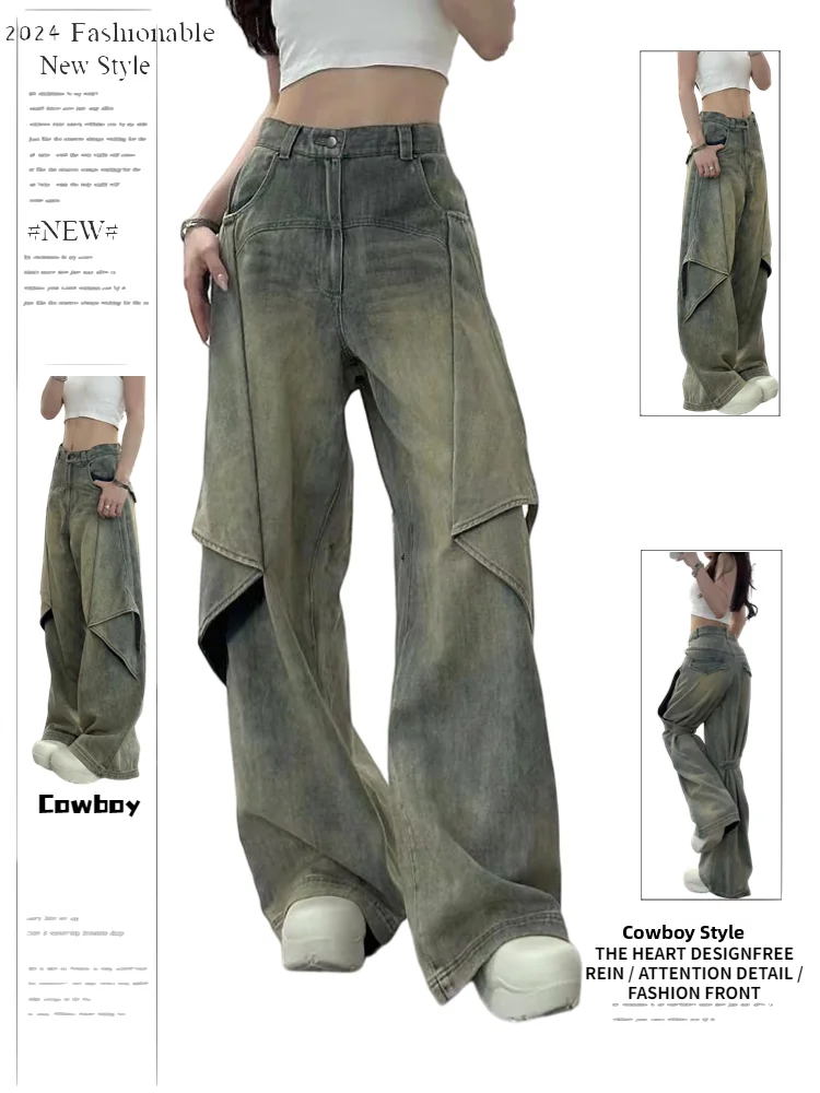 

Retro American Button Design Workwear Jeans Women High Waist Loose Drapey Wide Leg Pants Vintage Sle All Seasons Deep Color