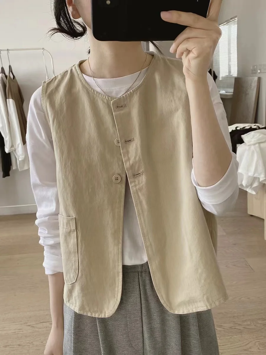 

Retro Cotton Workwear Vest Women's Spring Autumn Layered round Ne Casual oulder Baring Slimming Small Size Versatile Top