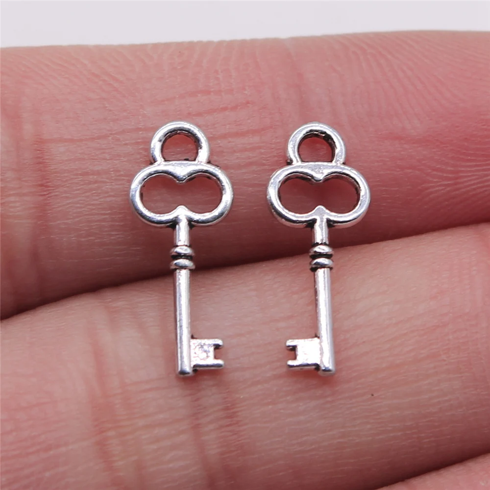 WYSIWYG 40pcs 7x17mm Key Charms Pendant For Jewelry Making Antique Silver Color Alloy Jewelry Accessories