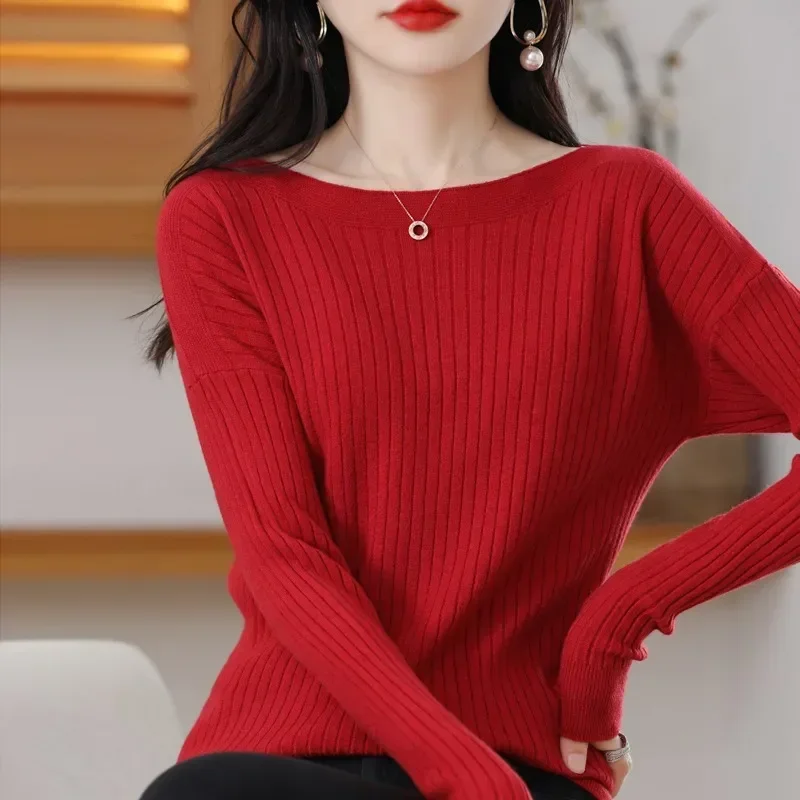 Women Sweater Autumn Winter Warm Bottiming Shirts Korean Fashion Slash Neck Long Sleeve Pullovers Slim Fit Casual Warm Knitwears