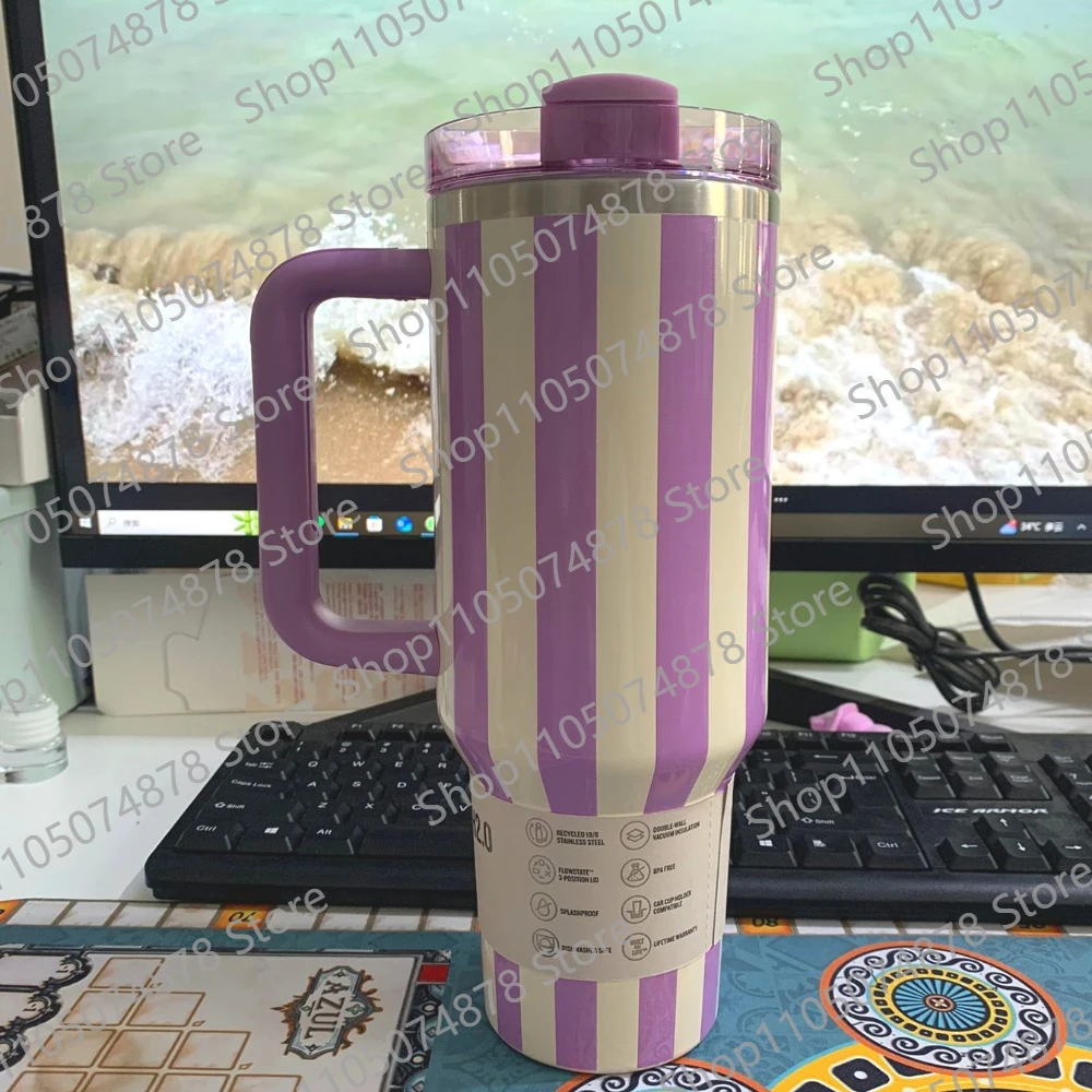 كوب سفر من الفولاذ المقاوم للصدأ بسعة كبيرة 40 أونصة مع مقبض وغطاء من القش |   المكتب والسفر ضروري |   كوب معزول مانع للتسرب