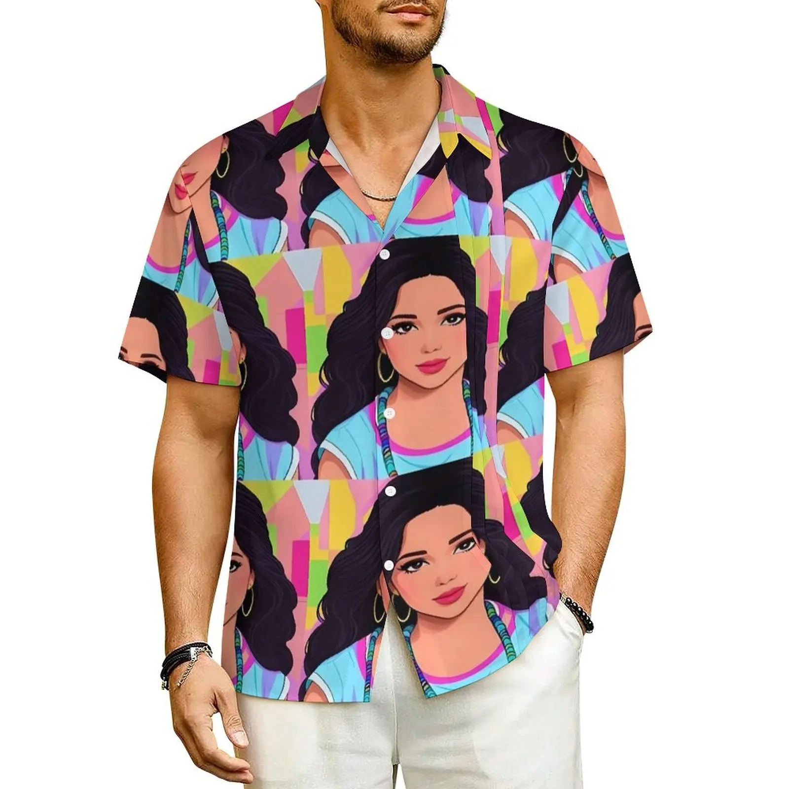 

Character Women Hawaiian Shirt For Man Vacation Beautiful Woman Casual Shirts Short Sleeve Streetwear Cool Oversized Blouses