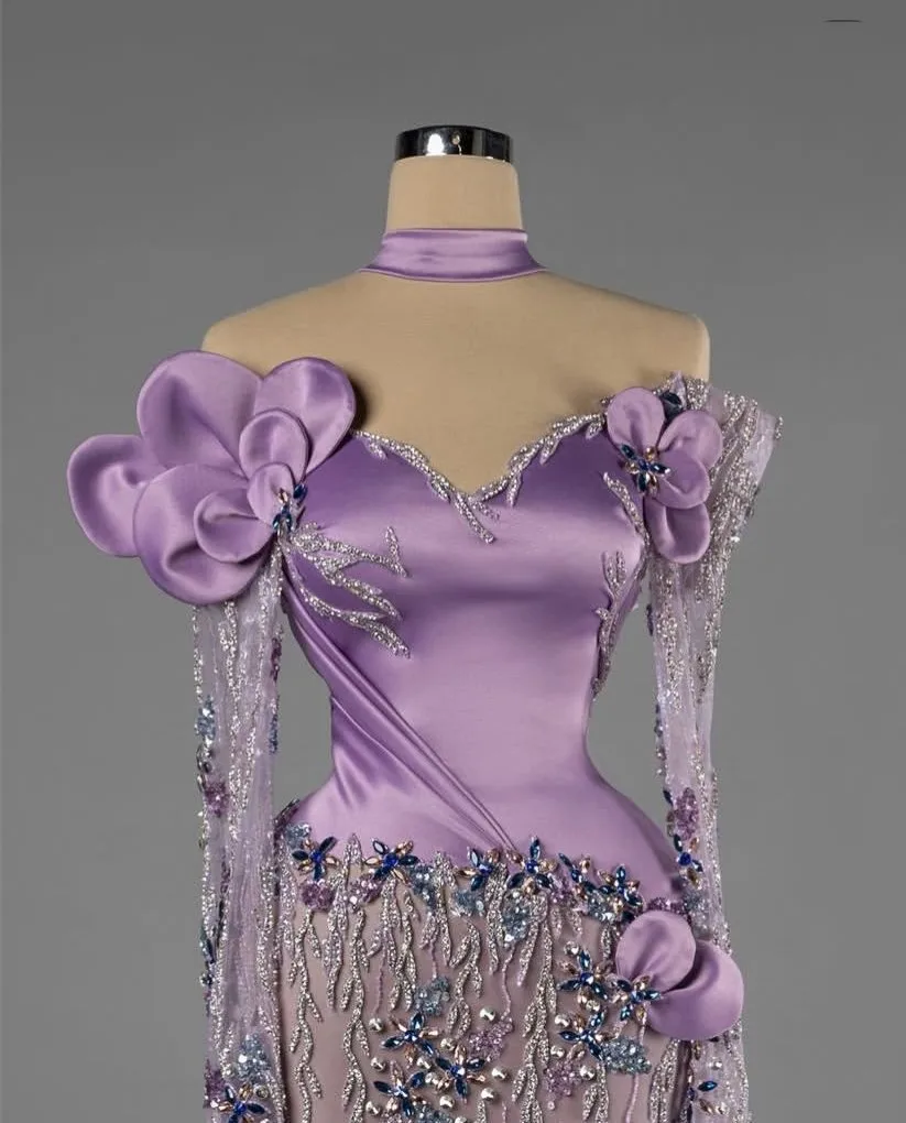 Lindo lilás vestidos de noite dubai fora do ombro alta costura mangas completas vestidos de baile tule miçangas maxi vestido floral em camadas