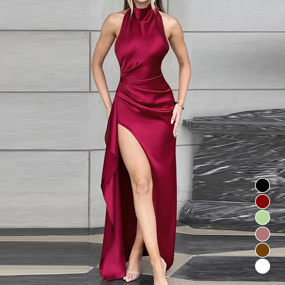Tie Round Neck Bodycon Dress Streetwear with Halter Neck Maxi Length Slim Fit Mid Waist Western Style Long Dress for Women