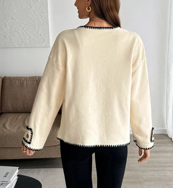 

2025 New Winter Autumn Casual Patterned Contrast Edged Woolen Round-neck Sweater