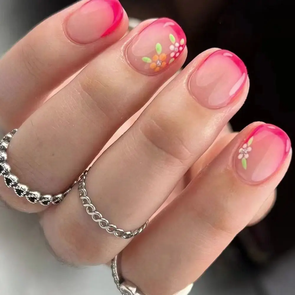 24pcs Short Round False Nails French Flower Pearl Rose Full Cover Detachable French Nail Tips