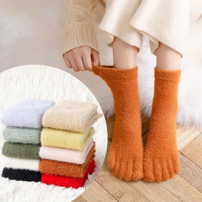 

Autumn Winter Women Thicken Coral Fleece Five Finger Socks Soft Middle Tube Socks Home Floor Sleeping Socks Split Toe Socks