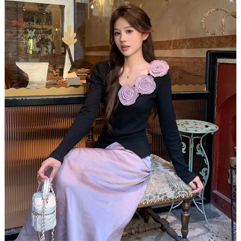 

Korean Ladies High Waist Long Skirt 2PCS Summer Female Tops Skirts Two Piece Set 2025 High-end Women Leisure Maxi Skirts Outfit