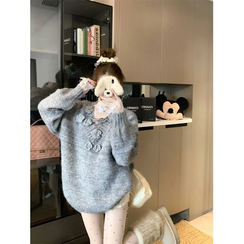 Damen Winter Long Sve Strickwaren V-Ne Loose Fit Schlankmachendes Lazy 3D Flower Design Mahua Imitation Sweater Belted Trendy Top