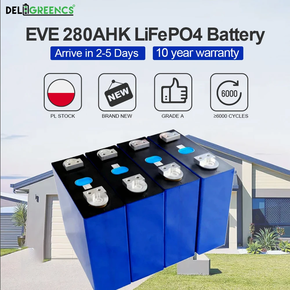 

Poalnd Lifepo4 Battery Original EVE 280AHK 4 hols 6000 Cycles Grade A+ 12V 24V 48V 280AH RV EV Solar Rechargeable Batteries