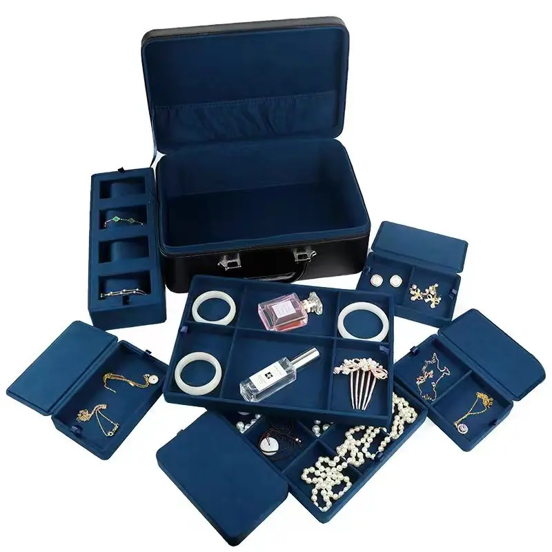 Factory Large Storage Leather Travel Jewelry case Boxes Organizer Suitcase With Handle