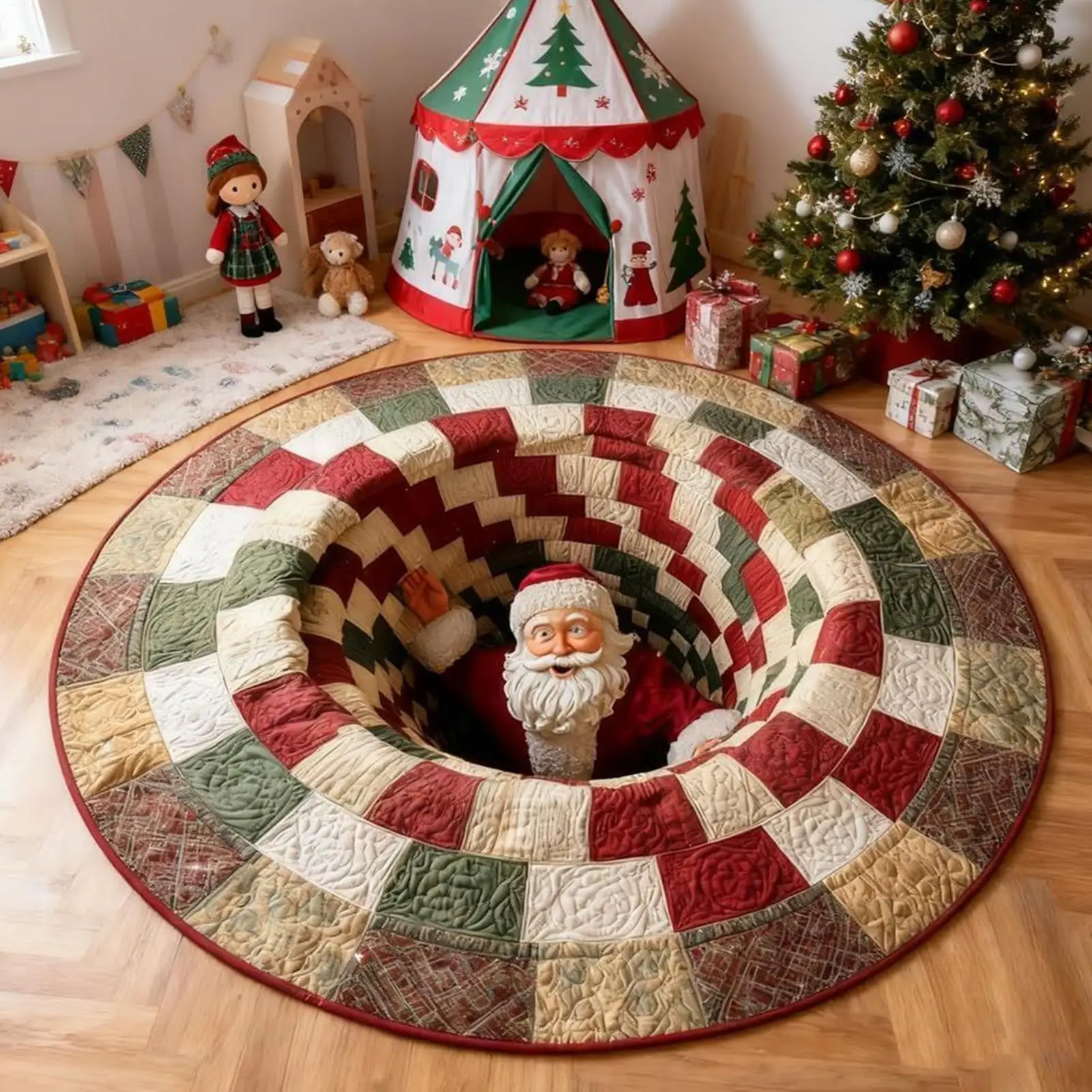 40in Christmas decorations Rug Flat 3D visual effects Santa Claus Carpet doggy Gnome pattern Quilted Round Mat home decor
