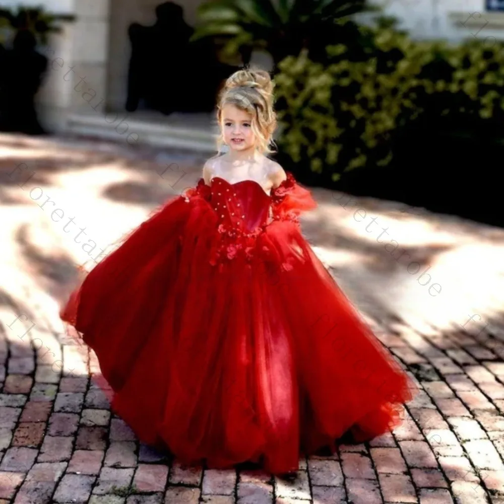 Customized Red Tulle Flower Girl Dress Floor Length Ball Gown Off Shoulder Long Sleeve Beaded Floral Applique Wedding Birthday
