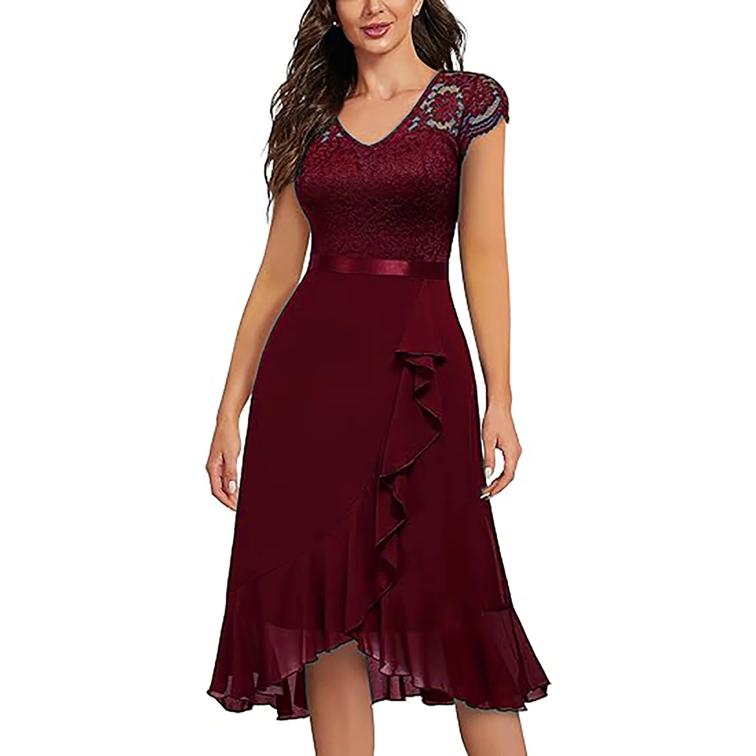 Women's V Neck Retro Floral Lace Ruffle Style Elegant Bridesmaid Party Dress