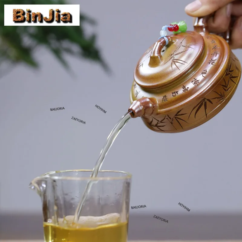 240ml Elegant Yixing Purple Clay Teapots Handmade Bamboo Pot Raw Ore Gold Section Mud Kettle Chinese Zisha Tea Set Cha Gifts