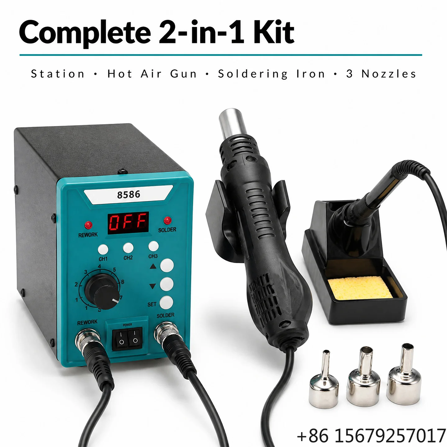 Factory Stock 8586 Large-screen Digital Display Hot air Desoldering Station, 2-in-1 Hot air Gun and Electric Soldering Iron