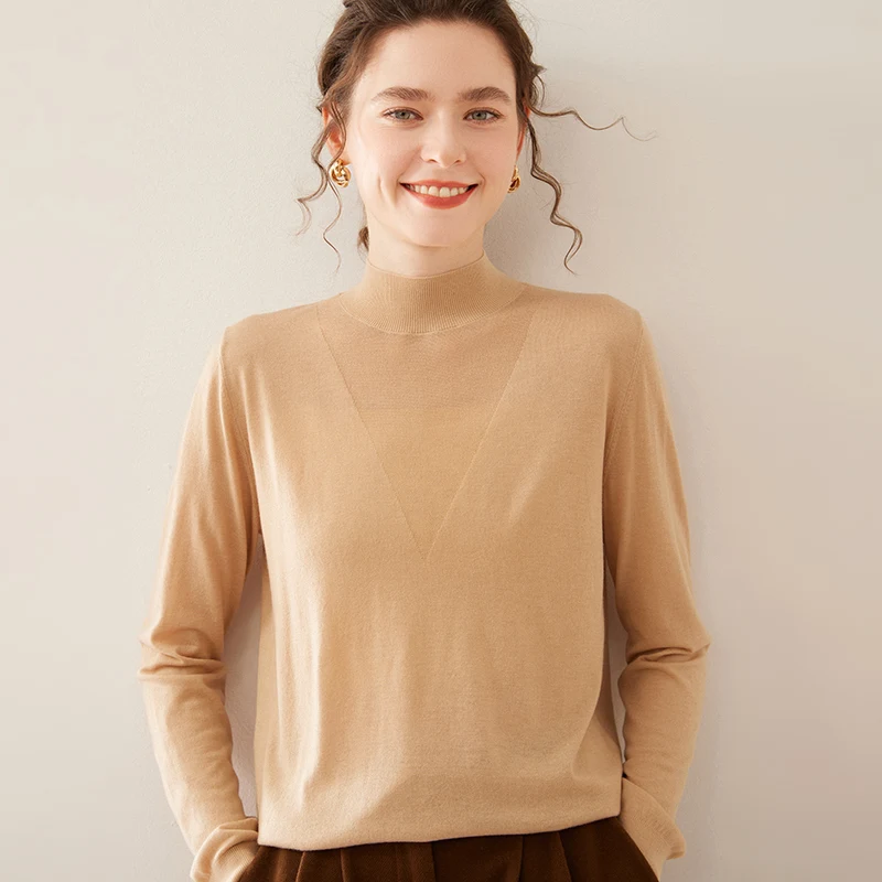 

Высококачественная женская одежда, кашемировый пуловер с воротником-стойкой, женский свитер из тутового шелка, однотонный вязаный базовый топ, новинка 2023 года